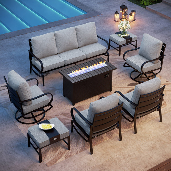 9-Seater Patio Metal Wave Sofa Sets With Fire Pit Table