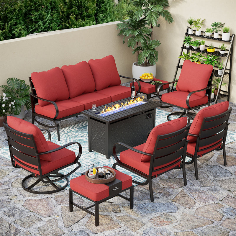 Phi Villa 9-Seater Patio Steel Conversation Sofa Sets With Leather Grain Fire Pit Table