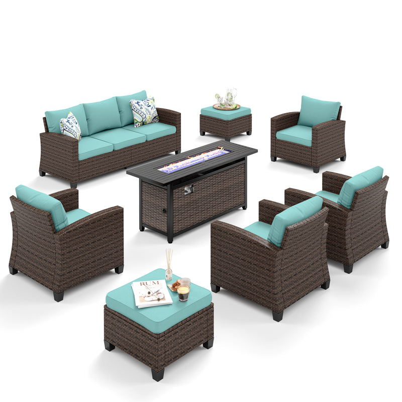 Phi Villa 9-Seater Patio Wicker Sofa Set With Rectangle Fire Pit Table