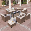 Phi Villa 9-Seater Patio Wicker Sofa Set With Rectangle Fire Pit Table