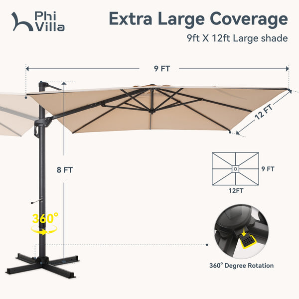 Square Cantilever Patio Umbrella - 360° Rotation and 7-Tilt Adjustable