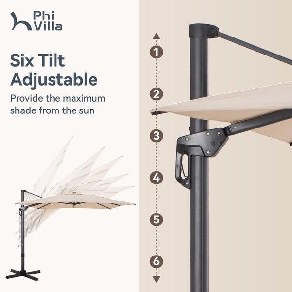 Square Cantilever Patio Umbrella - 360° Rotation and 7-Tilt Adjustable