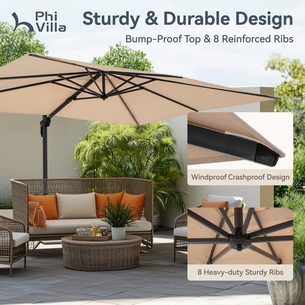 Square Cantilever Patio Umbrella - 360° Rotation and 7-Tilt Adjustable