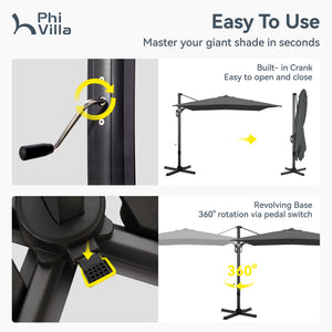 Square Cantilever Patio Umbrella - 360° Rotation and 7-Tilt Adjustable