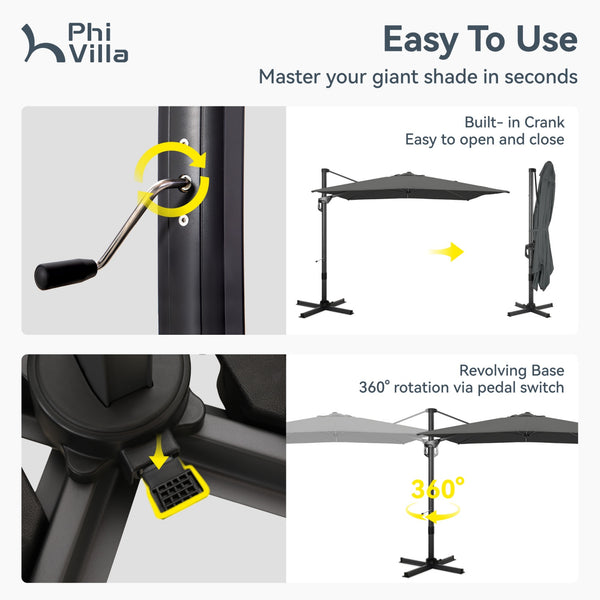 Square Cantilever Patio Umbrella - 360° Rotation and 7-Tilt Adjustable