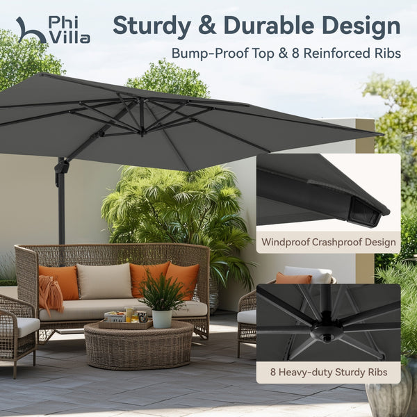 Square Cantilever Patio Umbrella - 360° Rotation and 7-Tilt Adjustable