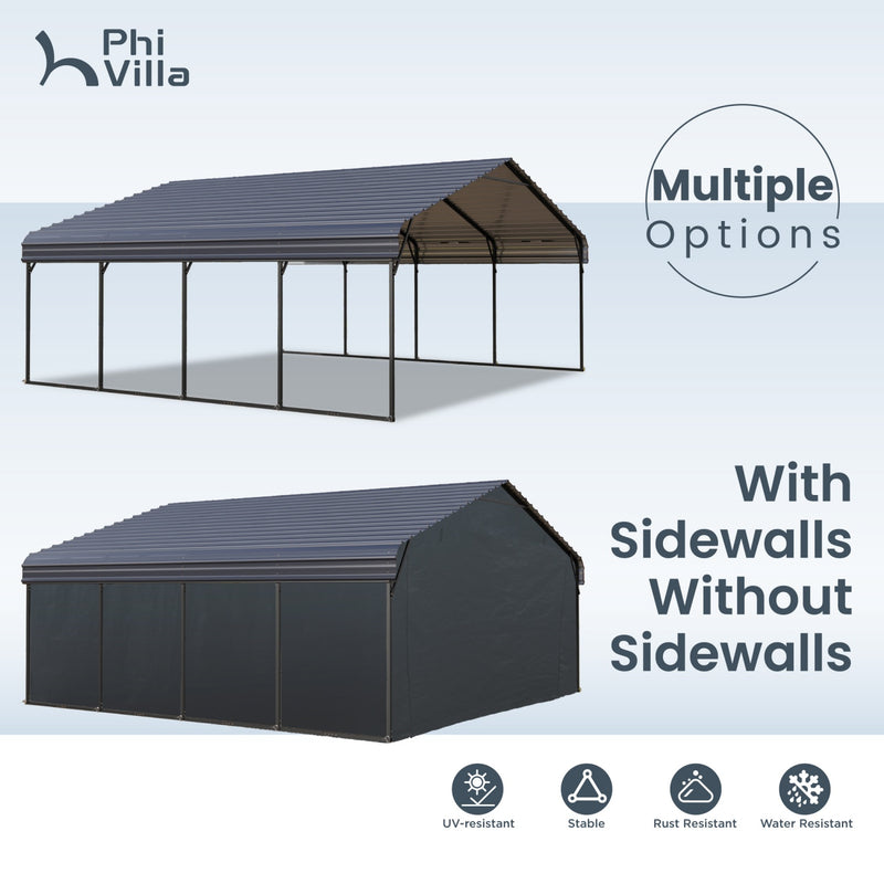 PHI VILLA 20x20ft 2 Car Metal Carports Deluxe Car Storage with Durable Steel Frame and Metal Proof