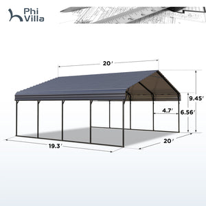 20x20ft 2 Car Metal Carport with Sides-Dimensions detail