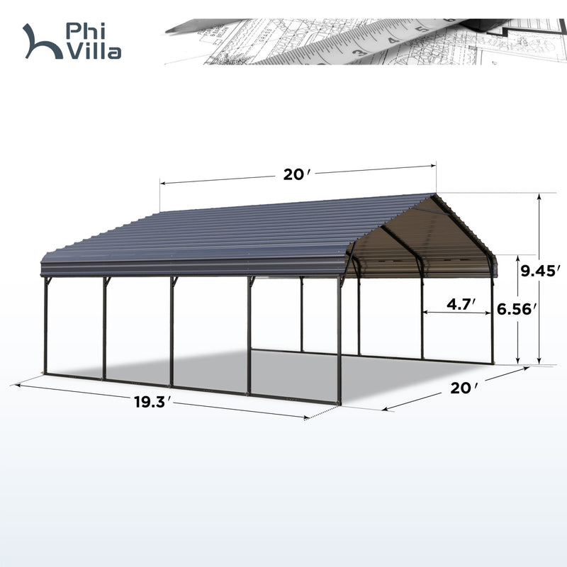 PHI VILLA 20x20ft 2 Car Metal Carports Deluxe Car Storage with Durable Steel Frame and Metal Proof
