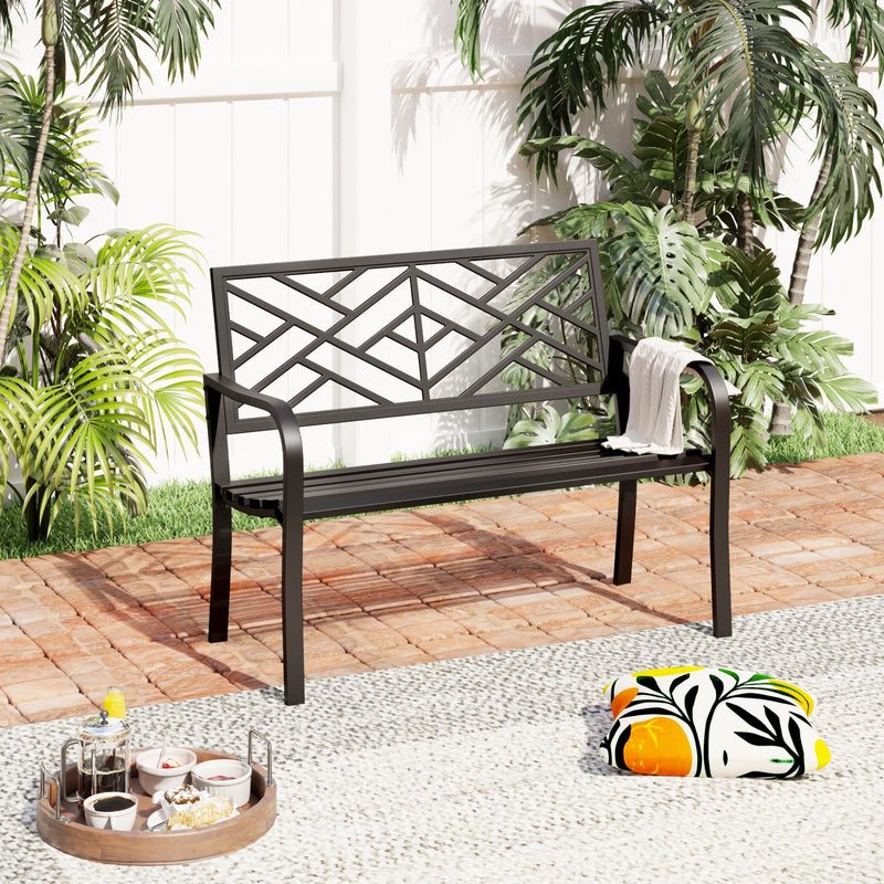 PHI VILLA Outdoor Cast Iron Garden Bench with Unique Three-Dimensional Pattern