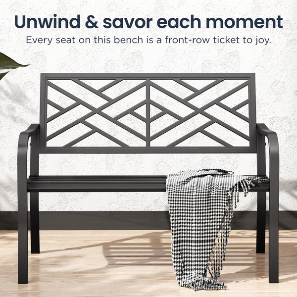 PHI VILLA Outdoor Cast Iron Garden Bench with Unique Three-Dimensional Pattern