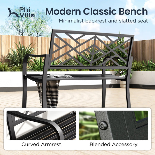 PHI VILLA Outdoor Cast Iron Garden Bench with Unique Three-Dimensional Pattern