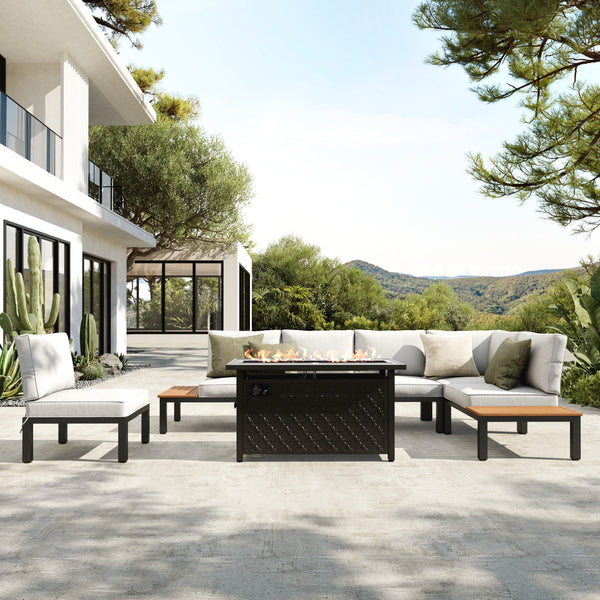 6-Seater L-Shaped Sectional Sofa Set with Gas Fire Pit Table