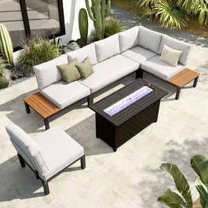 6-Seater L-Shaped Sectional Sofa Set with Gas Fire Pit Table