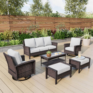 7-Seater Garden Vintage Swivel Rattan Sofa Sets with Ottomans and Table