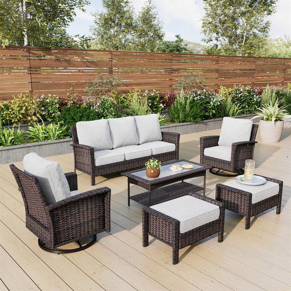 7-Seater Garden Vintage Swivel Rattan Sofa Sets with Ottomans and Table