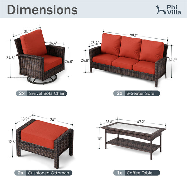 7-Seater Garden Vintage Swivel Rattan Sofa Sets with Ottomans and Table