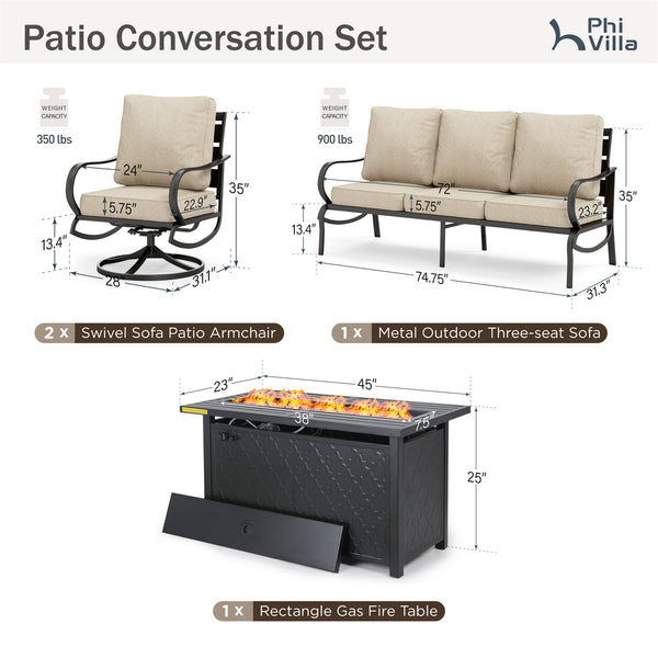 5-Seater Patio Metal Wave Sofa Set with Fire Pit Table