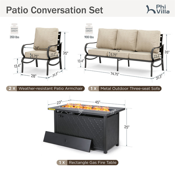 5-Seater Patio Metal Wave Sofa Set with Fire Pit Table