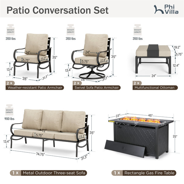 9-Seater Patio Metal Wave Sofa Sets With Fire Pit Table