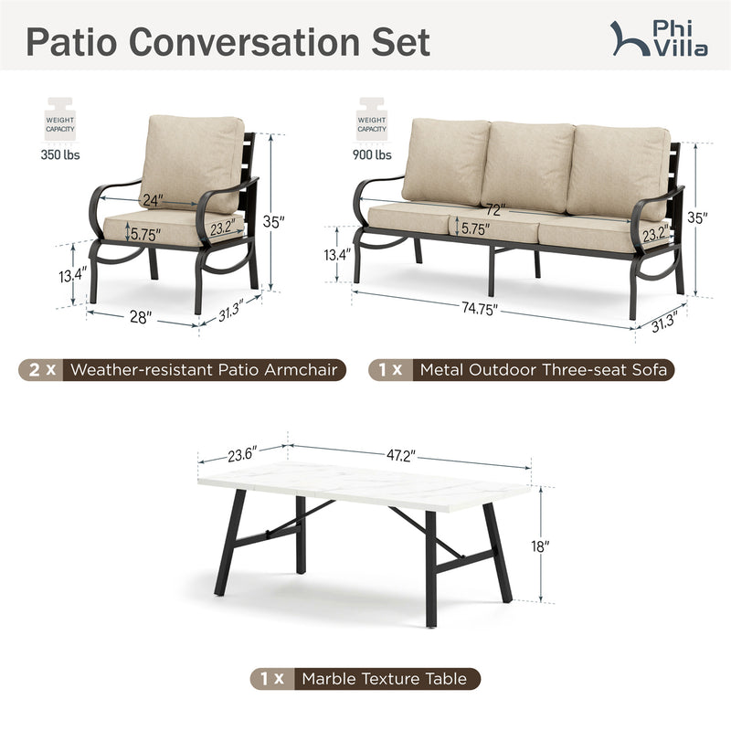 Phi Villa 5-Seater Patio Steel Sofa Set With Cushions & Coffee Table