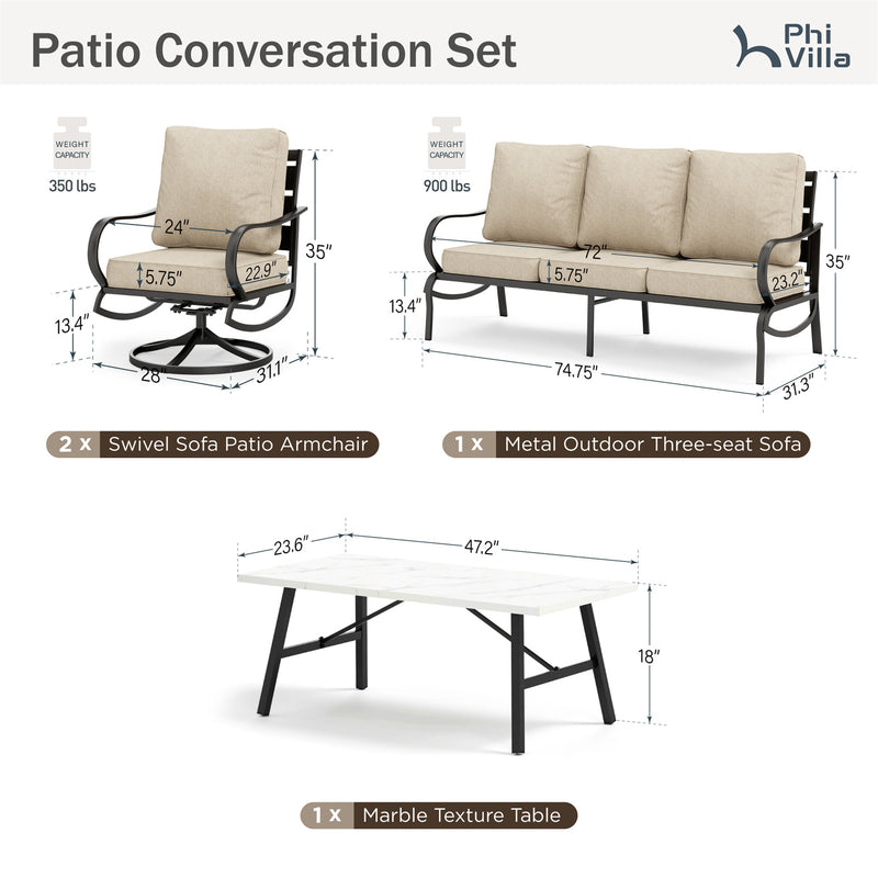 Phi Villa 5-Seater Patio Steel Sofa Set With Cushions & Coffee Table