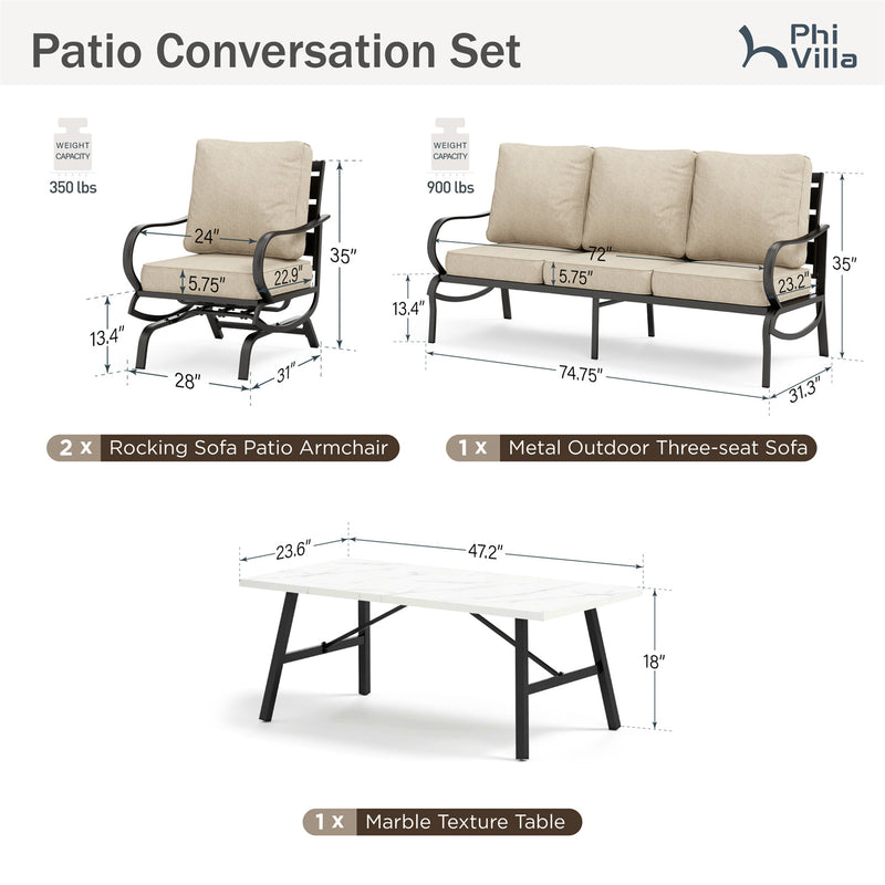 Phi Villa 5-Seater Patio Steel Sofa Set With Cushions & Coffee Table