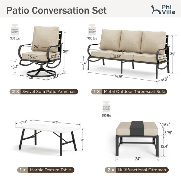 7-Seater Patio Metal Wave Sofa Set with Coffee Table & Ottomans
