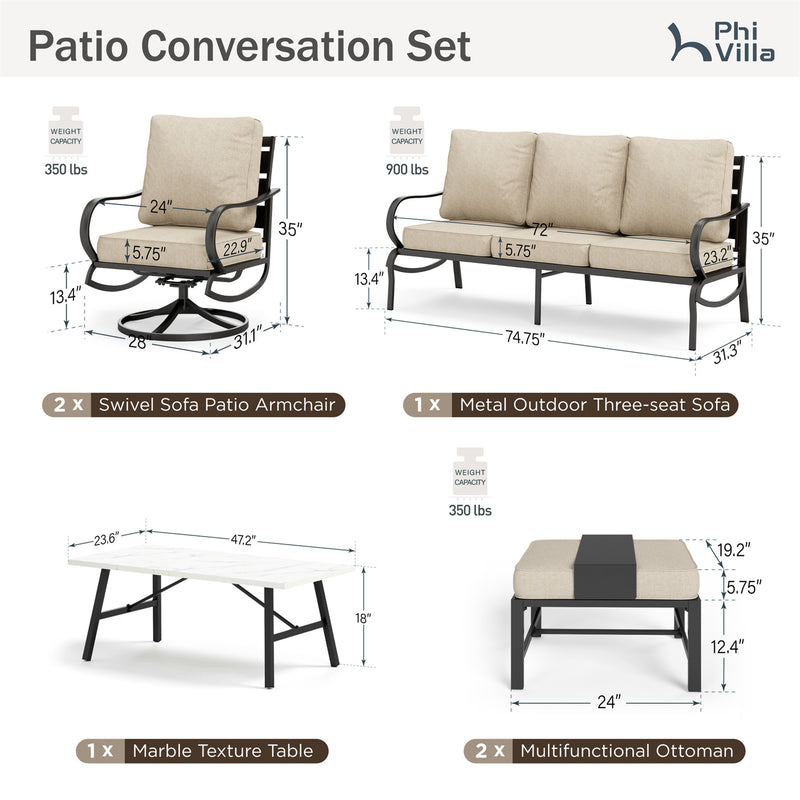 Phi Villa 7-Seater Patio Steel Conversation Sofa Set With Coffee Table & Ottomans