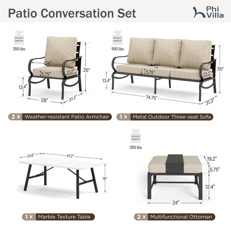 Phi Villa 7-Seater Patio Steel Conversation Sofa Set With Coffee Table & Ottomans