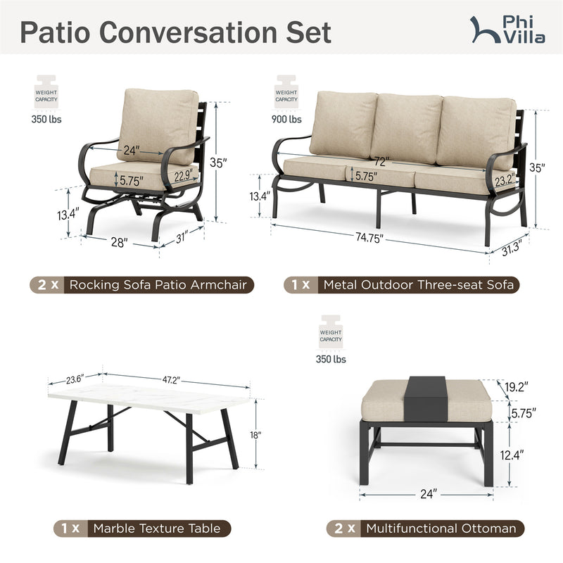 Phi Villa 7-Seater Patio Steel Conversation Sofa Set With Coffee Table & Ottomans