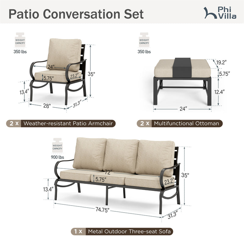 Phi Villa 9-Seater Patio Steel Sofa With Cushions And Multi-functional Ottomans