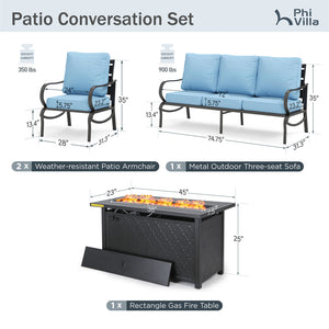 5-Seater Patio Metal Wave Sofa Set with Fire Pit Table