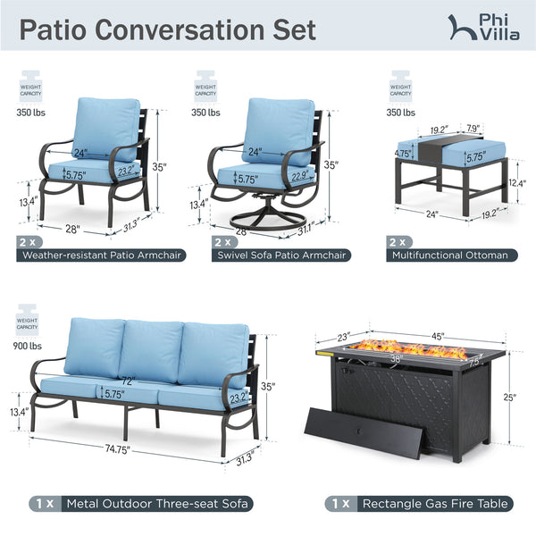 9-Seater Patio Metal Wave Sofa Sets With Fire Pit Table