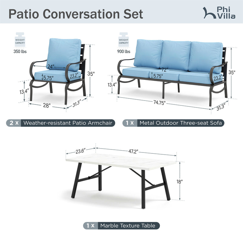 Phi Villa 5-Seater Patio Steel Sofa Set With Cushions & Coffee Table