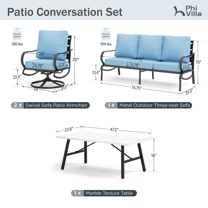 Phi Villa 5-Seater Patio Steel Sofa Set With Cushions & Coffee Table