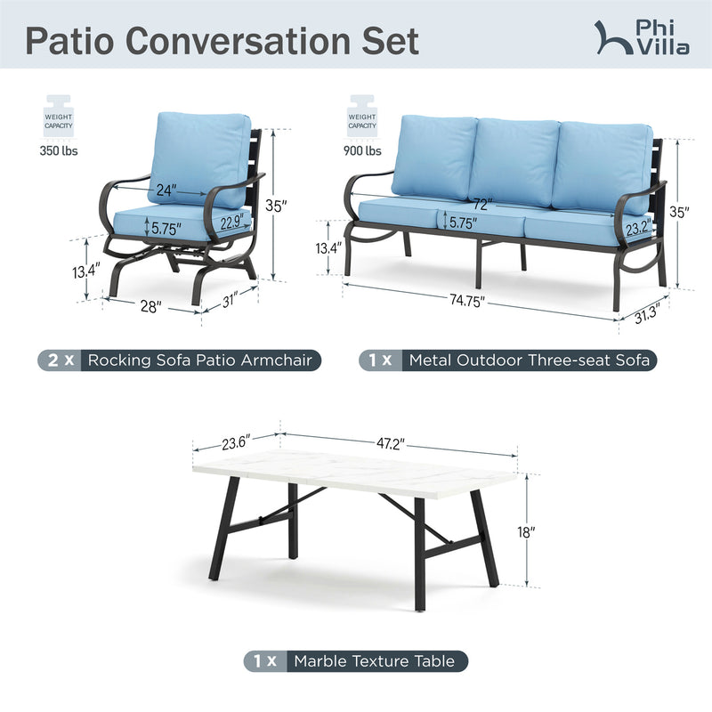 Phi Villa 5-Seater Patio Steel Sofa Set With Cushions & Coffee Table