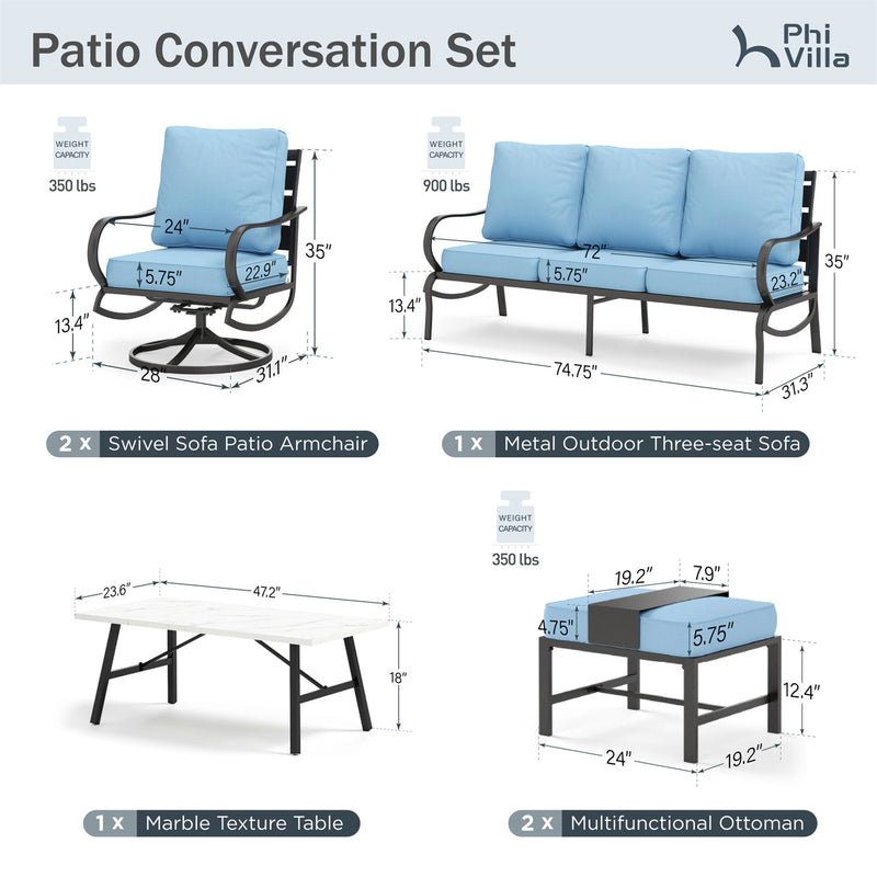 Phi Villa 7-Seater Patio Steel Conversation Sofa Set With Coffee Table & Ottomans