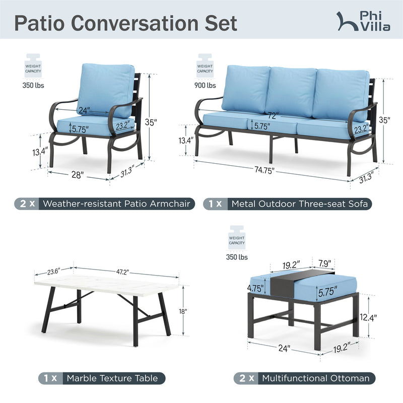 Phi Villa 7-Seater Patio Steel Conversation Sofa Set With Coffee Table & Ottomans
