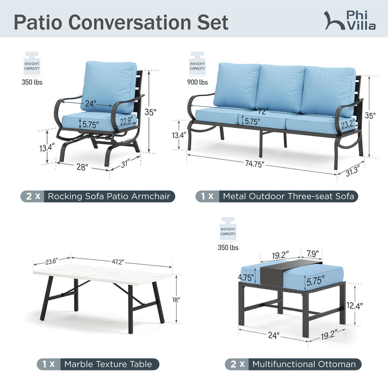 Phi Villa 7-Seater Patio Steel Conversation Sofa Set With Coffee Table & Ottomans
