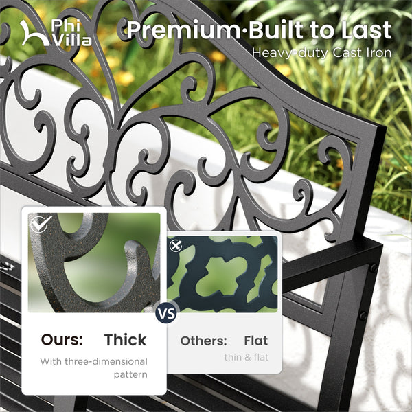PHI VILLA Outdoor Cast Iron Garden Bench with Unique Three-Dimensional Pattern