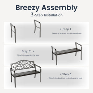 PHI VILLA Outdoor Cast Iron Garden Bench with Unique Three-Dimensional Pattern