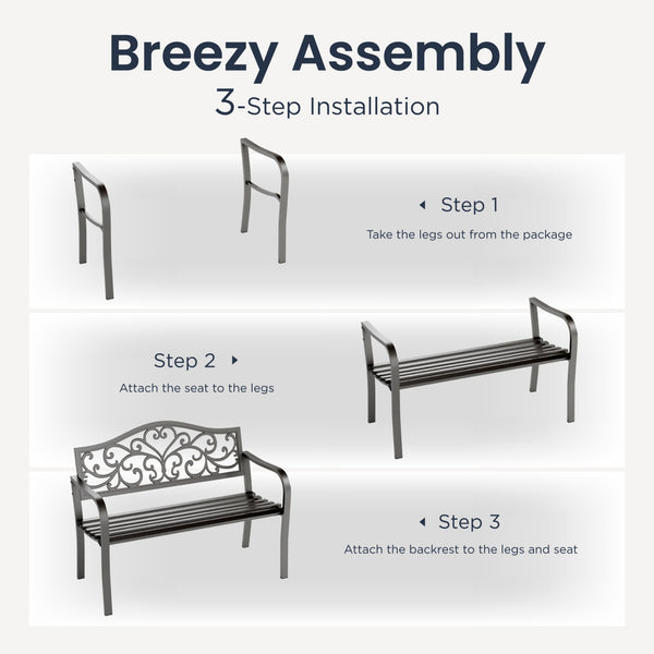 PHI VILLA Outdoor Cast Iron Garden Bench with Unique Three-Dimensional Pattern