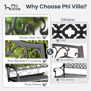 PHI VILLA Outdoor Cast Iron Garden Bench with Unique Three-Dimensional Pattern