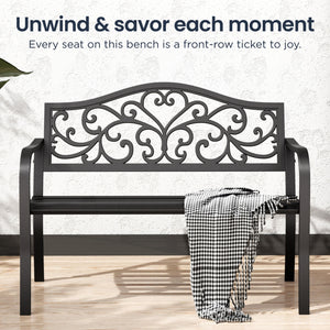 PHI VILLA Outdoor Cast Iron Garden Bench with Unique Three-Dimensional Pattern