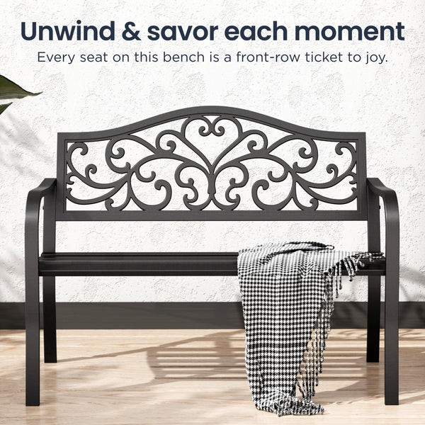 PHI VILLA Outdoor Cast Iron Garden Bench with Unique Three-Dimensional Pattern