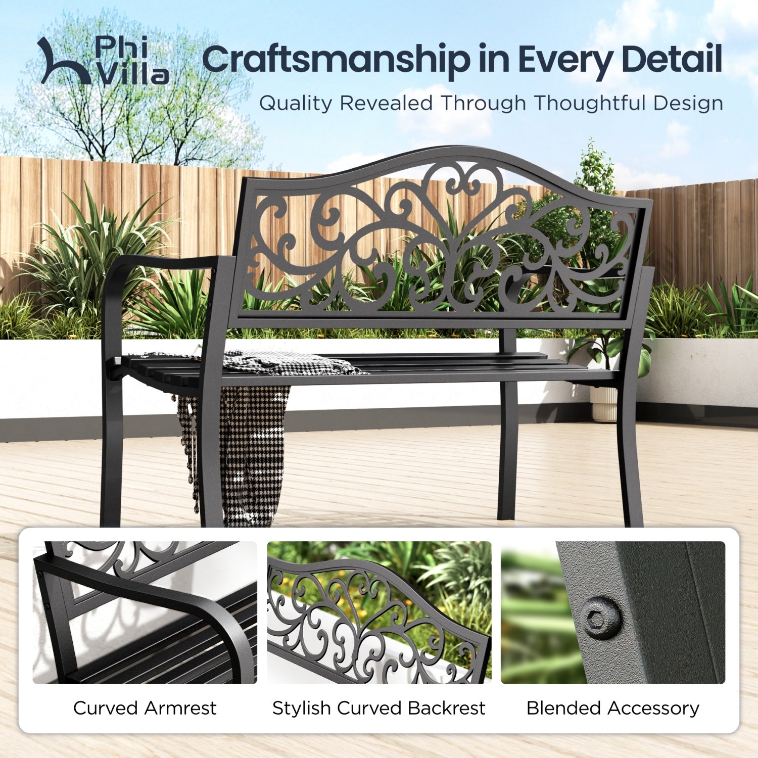 PHI VILLA Outdoor Cast Iron Garden Bench with Unique Three-Dimensional