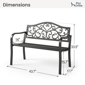 PHI VILLA Outdoor Cast Iron Garden Bench with Unique Three-Dimensional Pattern