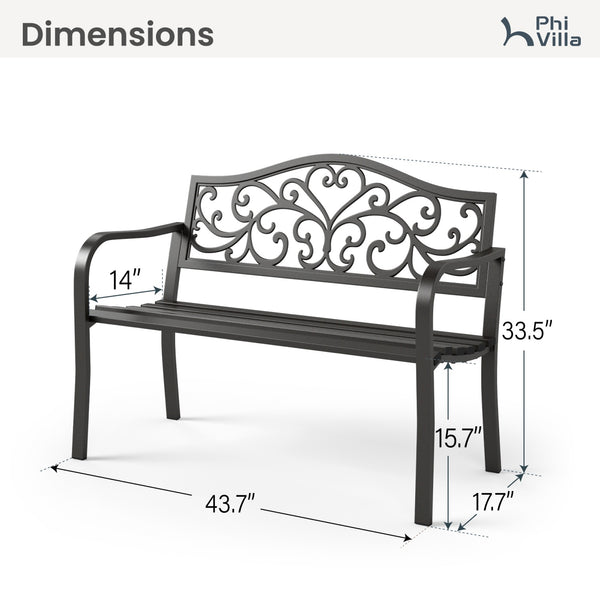 PHI VILLA Outdoor Cast Iron Garden Bench with Unique Three-Dimensional Pattern