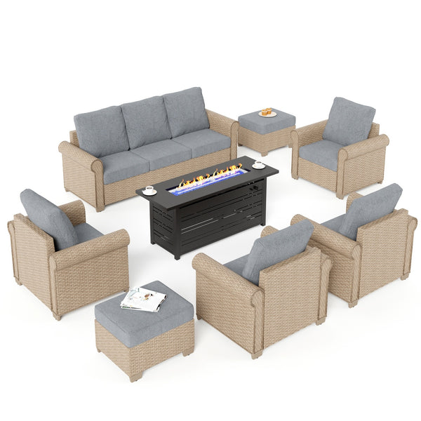 Phi Villa Outdoor Classic Garden Wicker Conversation Sofa Set with Fire Pit Table
